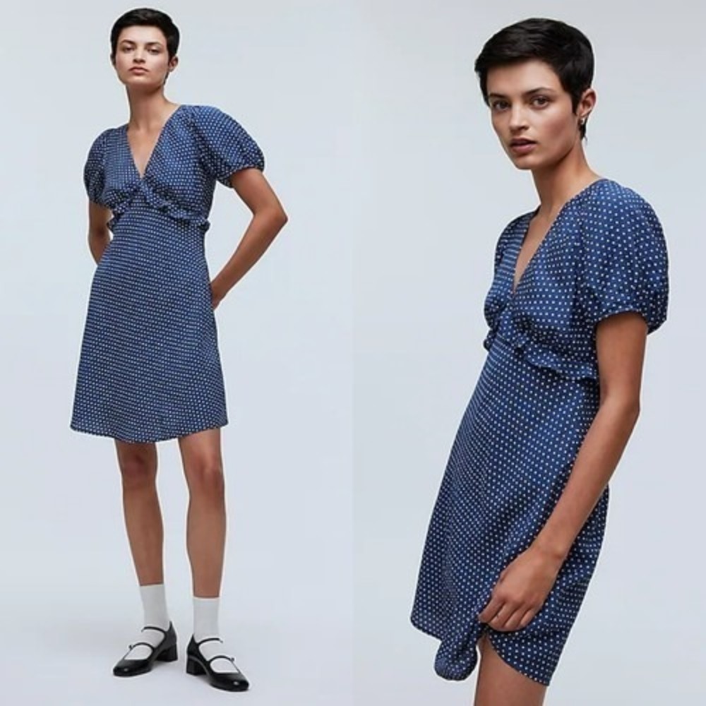 Madewell Women Polka Dot‎ Puff Sleeve Ruffle Dress Sz 14 Navy Summer Retro